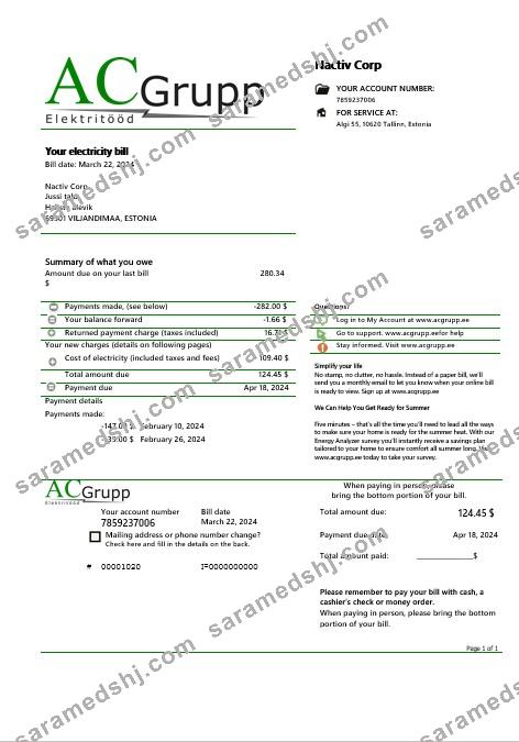 Estonia AC Grupp OÜ electricity business utility bill template in Word and PDF formats